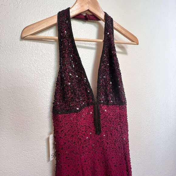 NWT SCALA Sequined Evening Beaded Halter Silk Burgundy Maxi Prom Dress L 9-10 - Picture 4 of 15